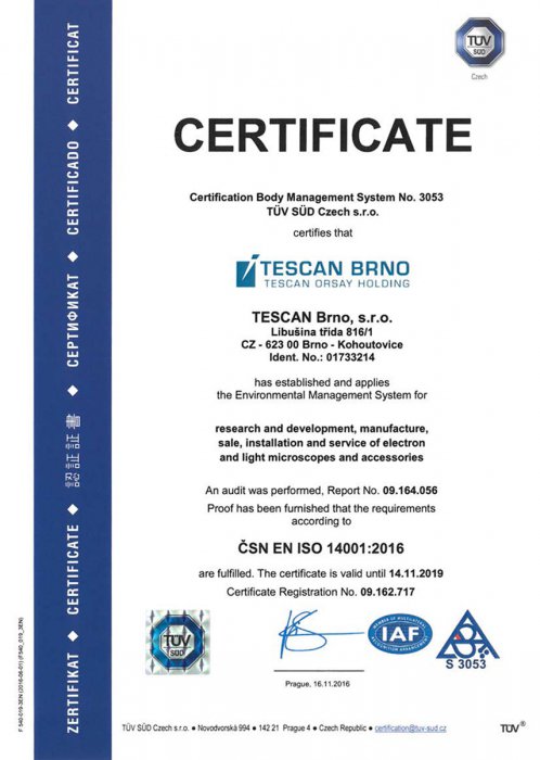 TESCAN BRNO - ISO 14001 Certificate 2016 (EN)