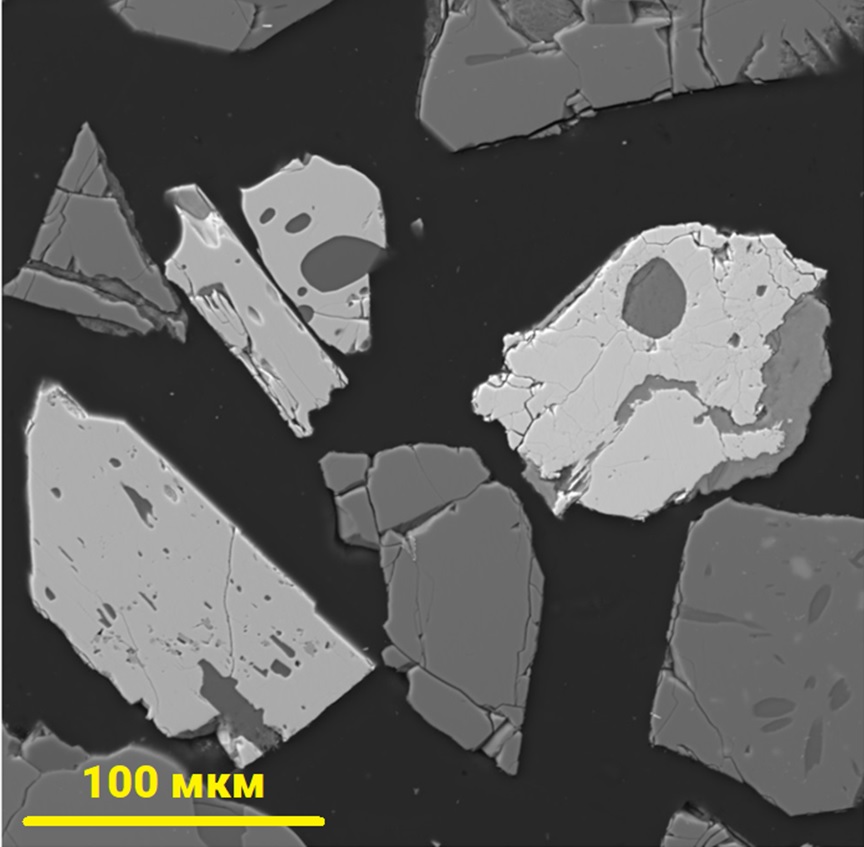 BSE-изображение частиц порошковой пробы, состоящих из зерен разных минералов