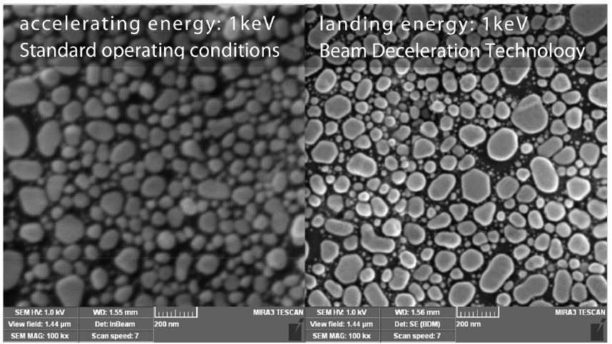 Изображение золота на углероде: слева – без BDT; справа – с активацией режима BDT