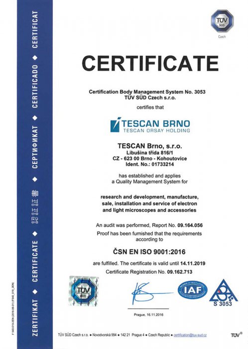 TESCAN BRNO - ISO 9001 Certificate 2016 (EN)